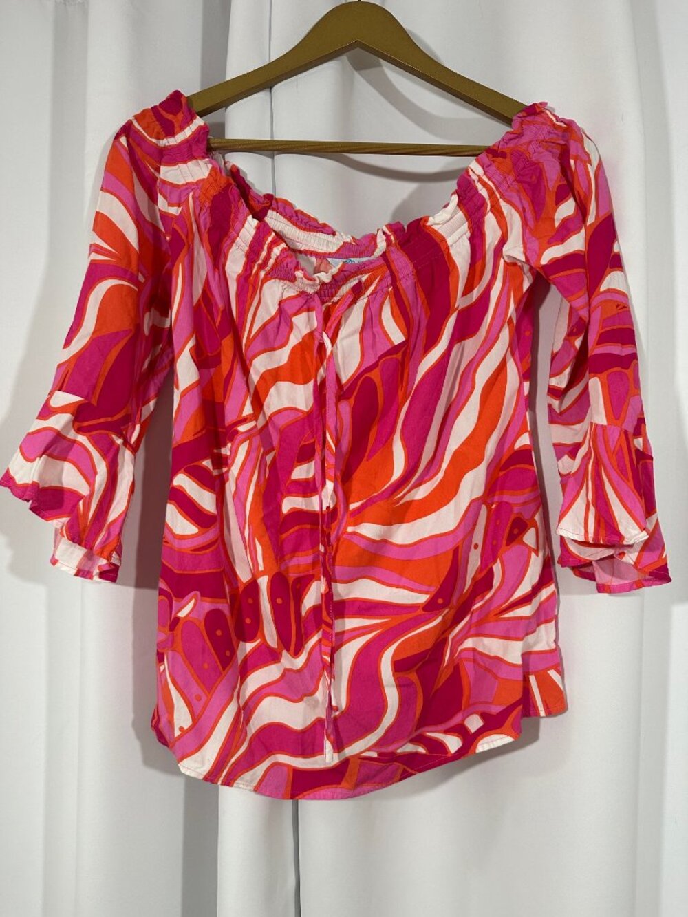 Escapada Living Medium Pink Orange Abstract Off Shoulder Boho Peasant Top Rayon